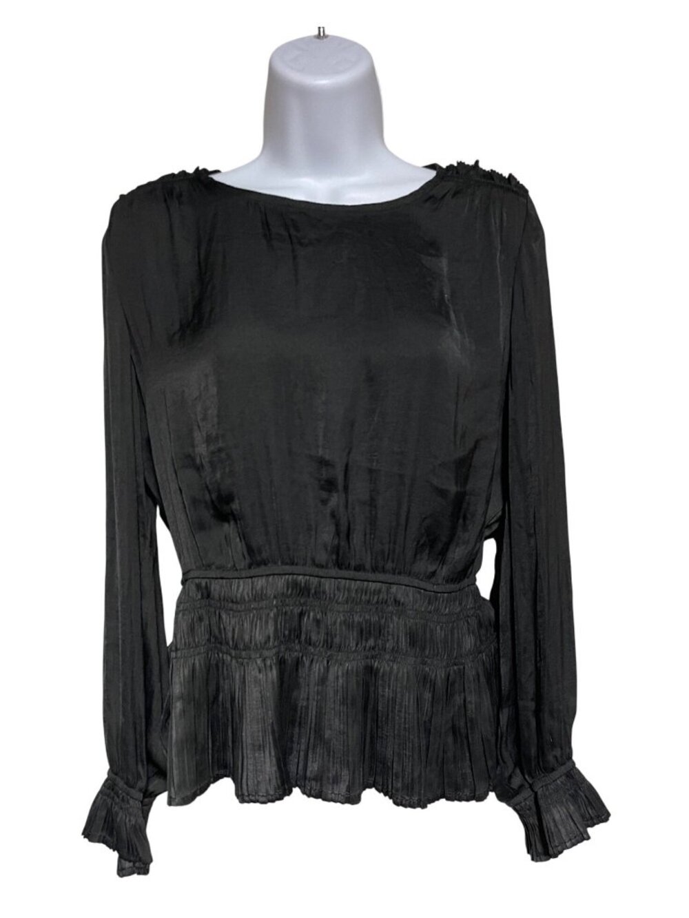 Catherine Malandrino Black Satin Peplum Top Smocked Waist Ruffle Sleeve Blouse S